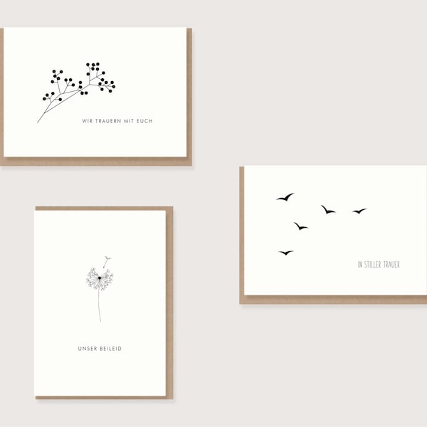 Set aus 3 Trauerkarten - Kondolenzkarte, mit tiefem Mitgefühl, Trauer, Trauerfall, Beileid, Anteilnahme, modern, neutral, Kartenset