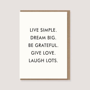 Karte - Typo Print "Live simple, dream big, ..." - motivierender, inspirierender Spruch, minimalistische Typografie Karte, schwarz/weiß