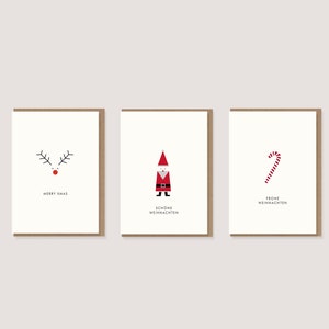 Set aus 3 Weihnachtskarten - Set I - "Elch - Merry Xmas" - "Weihnachtsmann - Schöne Weihnachten" - "Zuckerstange - Frohe Weihnachten"