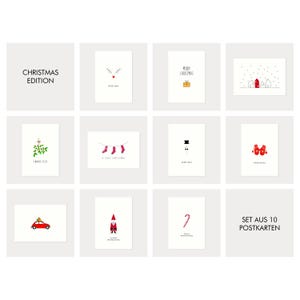 Set aus 10 Weihnachtskarten - "Schneemann - Merry Xmas" - "Handschuhe - Warm Wishes" - "Häuser im Schnee" - "Mistelzweig - Frohes Fest", ...
