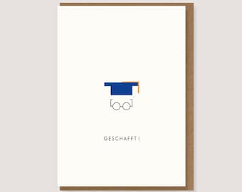 May include: A white card with a blue graduation cap and black glasses. The text "GESCHAFFT!" is printed below the image.