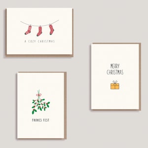 Set aus 3 Weihnachtskarten - Set III -  "Socken - A Cozy Christmas" - "Geschenk - Merry Christmas" - "Mistelzweig - Frohes Fest"
