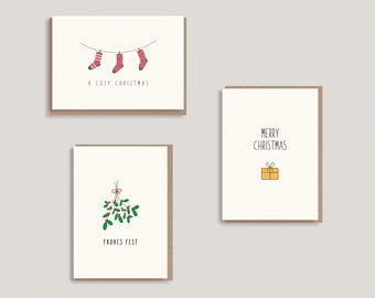 Set of 3 Christmas cards - Set III - "Socks - A Cozy Christmas" - "Gift - Merry Christmas" - "Mistletoe - Happy Holidays"