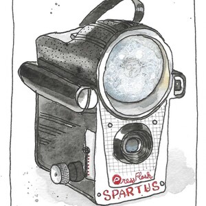 May include: Watercolor illustration of a vintage press flash camera. The camera is primarily black and white with a handle, lens, and the text "Press Flash SPARTUS" in red. The image has a hand-drawn aesthetic.