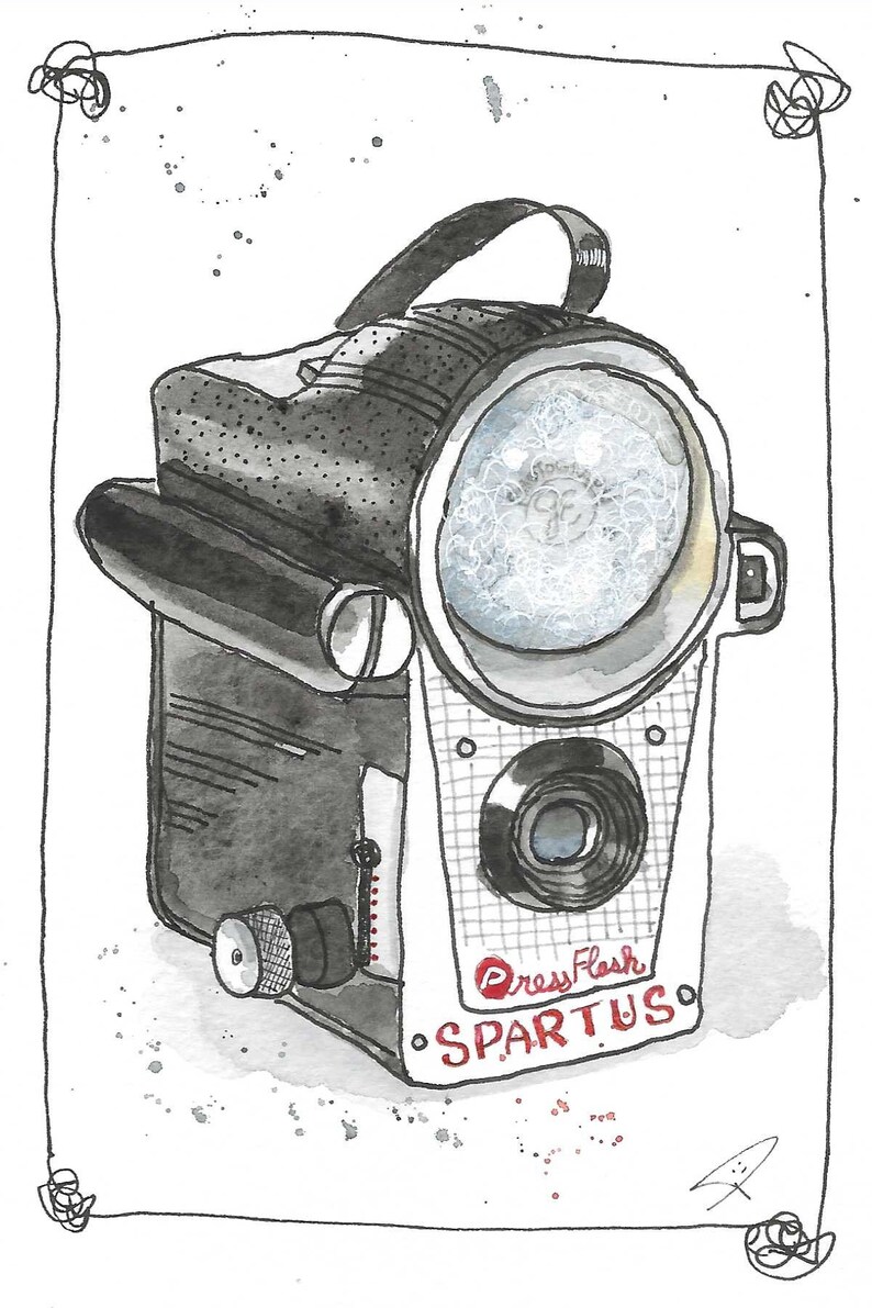 May include: Watercolor illustration of a vintage press flash camera. The camera is primarily black and white with a handle, lens, and the text "Press Flash SPARTUS" in red. The image has a hand-drawn aesthetic.