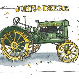 May include: Watercolor illustration of a vintage John Deere tractor. The tractor is green with yellow wheels and accents. The John Deere logo is displayed at the top. The artwork has a hand-drawn style with paint splatters.