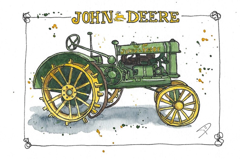 May include: Watercolor illustration of a vintage John Deere tractor. The tractor is green with yellow wheels and accents. The John Deere logo is displayed at the top. The artwork has a hand-drawn style with paint splatters.