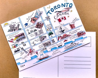 Tourist postcard of Toronto, illustrated hand drawn map of the streets of downtown Toronto tourist sites and landmarks, GTA Ontario