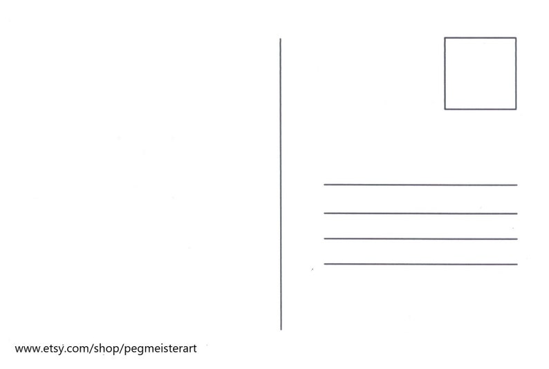 May include: A blank white postcard with a vertical line on the left side and horizontal lines for the address on the right. A small square is in the upper right corner. The website address www.etsy.com/shop/pegmeisterart is at the bottom.