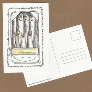 Sardines en boîte, carte postale d'illustration d'art, oeuvre d'art de fruits de mer de poisson, cadeau pour amateur de sardines, art de cuisine pour encadrement