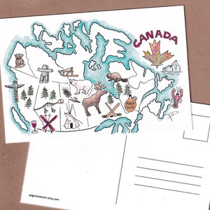 Carte postale du Canada, carte postale illustrée dessinée à la main, symboles canadiens et épingles de style de vie, carte postale canadienne souvenir, art du voyage