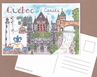 Quebec Landmarks Postcard: Watercolor Travel Souvenir
