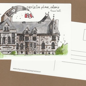 Carleton Place, Ontario carte postale illustration de l'hôtel de ville, comté de Lanark, vallée de l'Outaouais, oeuvre d'art souvenir touristique monument local