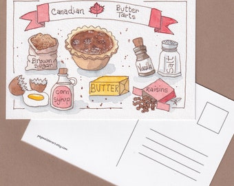 Canadian postcard of butter tart ingredients, Canada souvenir postcard greeting card, authentic Canadian cuisine, product of Canada