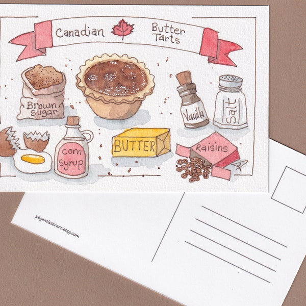 Canadian postcard of butter tart ingredients, Canada souvenir postcard greeting card, authentic Canadian cuisine, product of Canada