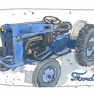 May include: Watercolor painting of a blue Ford tractor. The tractor has large tires, a steering wheel, and a detailed engine. The word "Ford" is written in cursive on the side. The artwork is framed with a black border and blue paint splatters.