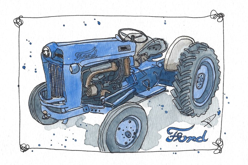 May include: Watercolor painting of a blue Ford tractor. The tractor has large tires, a steering wheel, and a detailed engine. The word "Ford" is written in cursive on the side. The artwork is framed with a black border and blue paint splatters.