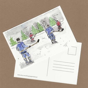 Carte postale d'illustration de joueurs de hockey, patinoire extérieure dans l'arrière-cour, jouer au hockey sur étang, partie de hockey des anciens, art du hockey Canada, carte postale de hockey