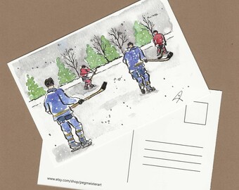 Pond Hockey Players Watercolor Postcard: Canadian Hockey Art