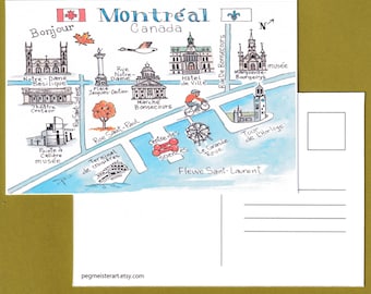Montreal Illustrated Map Postcard: Hand Drawn, Pen, Ink and Watercolor