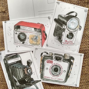 Illustration de dessins de croquis d'appareil photo vintage antique, cartes postales de voeux pour collectionneur d'appareils photo, idée cadeau pour photographe, impressions d'art pour appareil photo