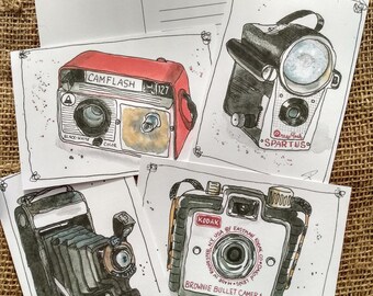 Vintage Camera Sketch Postcards: Photographer Gift, Art Prints (Set of 4)