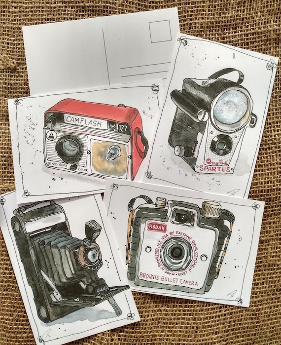 Vintage Camera Sketch Postcards: Photographer Gift, Art Prints (Set of 4)