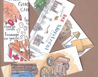 Four upcycled, zero-waste, eco-friendly bookmarks made from my misprinted and unsold postcards.