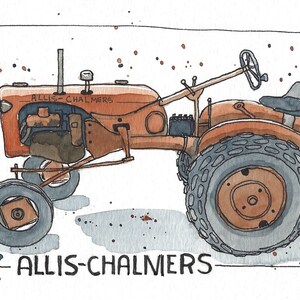 May include: Watercolor illustration of an orange Allis-Chalmers tractor. The tractor has large rear tires, a small front tire, and a steering wheel. The name "ALLIS-CHALMERS" is written in black at the bottom of the image. The artwork is framed with a black border.