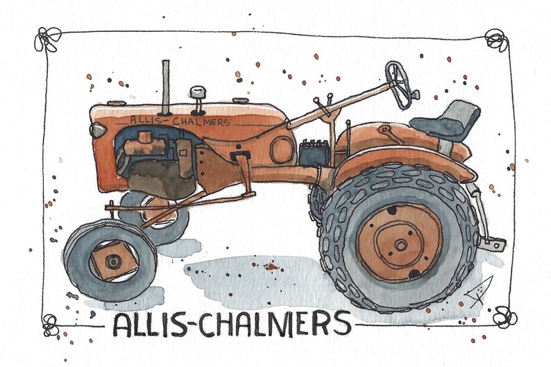 May include: Watercolor illustration of an orange Allis-Chalmers tractor. The tractor has large rear tires, a small front tire, and a steering wheel. The name "ALLIS-CHALMERS" is written in black at the bottom of the image. The artwork is framed with a black border.