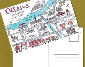 Ottawa hand-drawn tourist map postcard of major attractions in City of Ottawa, capital of Canada, Canada Parliament, Ottawa River Valley.