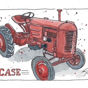 May include: Watercolor illustration of a vintage red Case tractor. The tractor has large gray tires, a seat, and a steering wheel. The word "CASE" is written in red below the tractor.