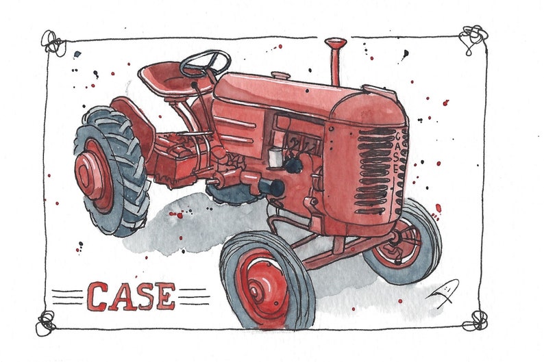May include: Watercolor illustration of a vintage red Case tractor. The tractor has large gray tires, a seat, and a steering wheel. The word "CASE" is written in red below the tractor.