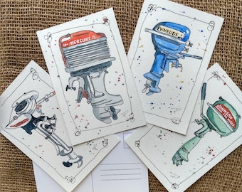 Antique Outboard Motor Art Postcards: Pen & Ink Boat Illustrations