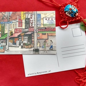 Carte postale artistique du quartier chinois de Toronto représentant une scène de rue avec des boutiques