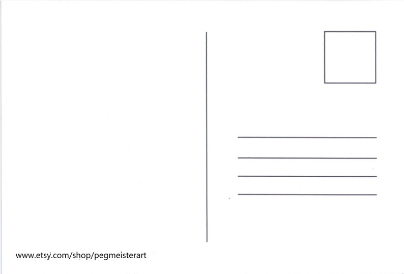 K&ouml;nnte beinhalten: Eine leere wei&szlig;e Postkarte mit einer vertikalen Linie auf der linken Seite und einem kleinen Quadrat oben rechts. Horizontale Linien sind f&uuml;r die Adresse vorhanden und eine Website-Adresse befindet sich unten.