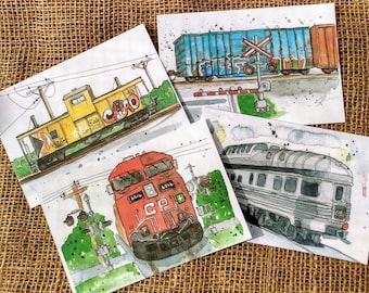 Railway train memorabilia fine art postcards, gift for train engineer, model railroader or lover of trains, postcard exchange greeting card