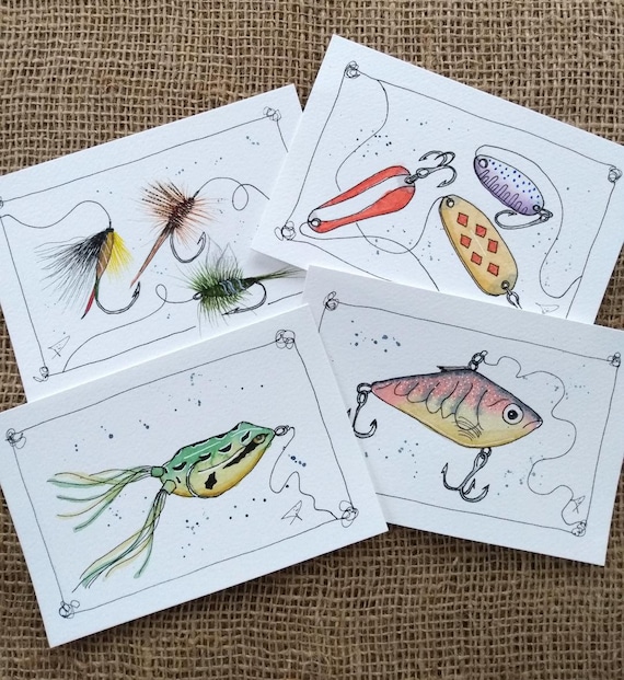 Fly Fishing Lures Artwork Illustrated Art Postcards, Fish Bait Art