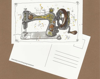 Antique Sewing Machine Postcard: Watercolor Art, Seamstress Gift