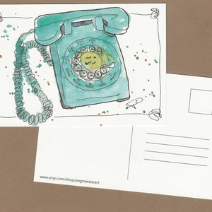 Illustration vintage de téléphone rotatif, carte postale d'art pour collectionneur de téléphones, causeur téléphonique, souvenir nostalgique de grand-mère, communication