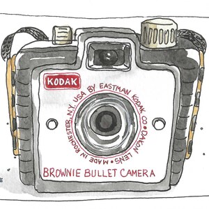 May include: Watercolor illustration of a vintage Kodak Brownie Bullet Camera. The camera is gray and white with a red Kodak logo. Text on the camera reads "Brownie Bullet Camera" and "Made in Rochester, N.Y., USA by Eastman Kodak Co. Dakon Lens."
