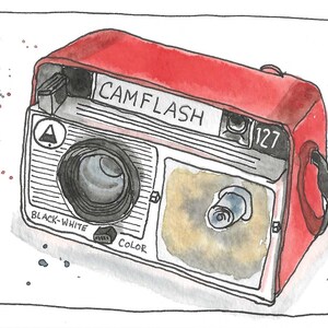 May include: Watercolor illustration of a vintage camera with a red top and black details. The camera has the text "CAMFLASH" and "127" on it. The camera also has the words "BLACK-WHITE" and "COLOR".