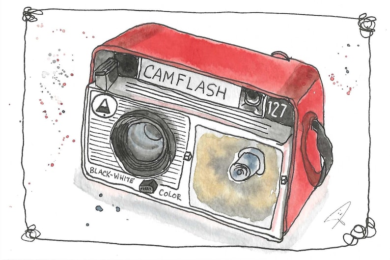 May include: Watercolor illustration of a vintage camera with a red top and black details. The camera has the text "CAMFLASH" and "127" on it. The camera also has the words "BLACK-WHITE" and "COLOR".