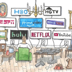 K&ouml;nnte beinhalten: Aquarellillustration einer Person, die mehrere Bildschirme mit Streaming-Diensten wie HBO, ESPN und Netflix betrachtet. Ein Hund sitzt in der N&auml;he mit einer Sch&uuml;ssel und einem Knochen. Ein Tisch ist mit Fernbedienungen bedeckt.