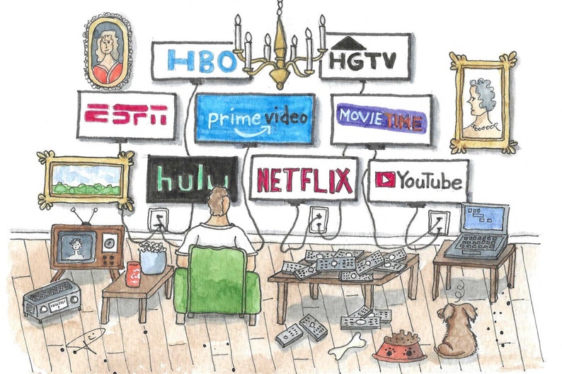 K&ouml;nnte beinhalten: Aquarellillustration einer Person, die mehrere Bildschirme mit Streaming-Diensten wie HBO, ESPN und Netflix betrachtet. Ein Hund sitzt in der N&auml;he mit einer Sch&uuml;ssel und einem Knochen. Ein Tisch ist mit Fernbedienungen bedeckt.