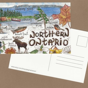 Carte postale touristique illustrée du nord de l'Ontario et de Thunder Bay, parc géant endormi, plein air canadien, camping, pêche, orignal