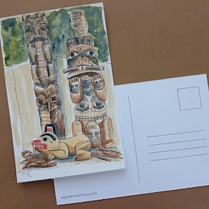 Mâts totémiques, artefacts des Premiers Peuples, Autochtone, Première nation autochtone, Autochtone du Canada, carte postale, carte de voeux.
