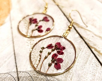 Handmade real pressed Heather flower earrings | botanical pink earrings | wedding floral jewelry | nature inspired earrings