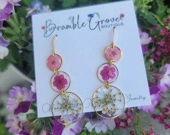 Handmade real pressed pink and white dainty flower earrings | gardener gift | botanical jewelry