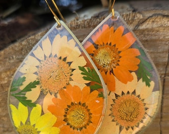 Handmade real pressed daisy flower earrings | orange and yellow botanical jewelry | gardener gift